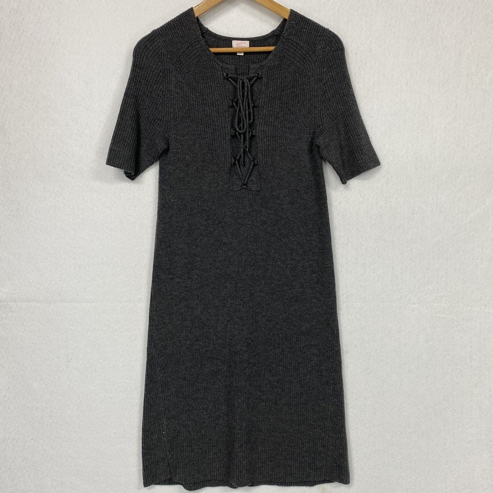 ETC Women Small Sweater Dress Charcoal Gray Lace Up A Line Wool Blend Stretch